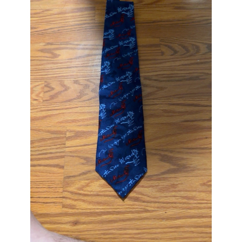 Vintage Tancho Mozart Signature Print Silk Necktie Blue Red Gray Handcrafted USA